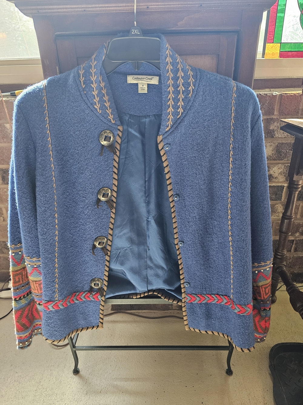 Coldwater Creek Blue Embroidered Button-Front Jacket
